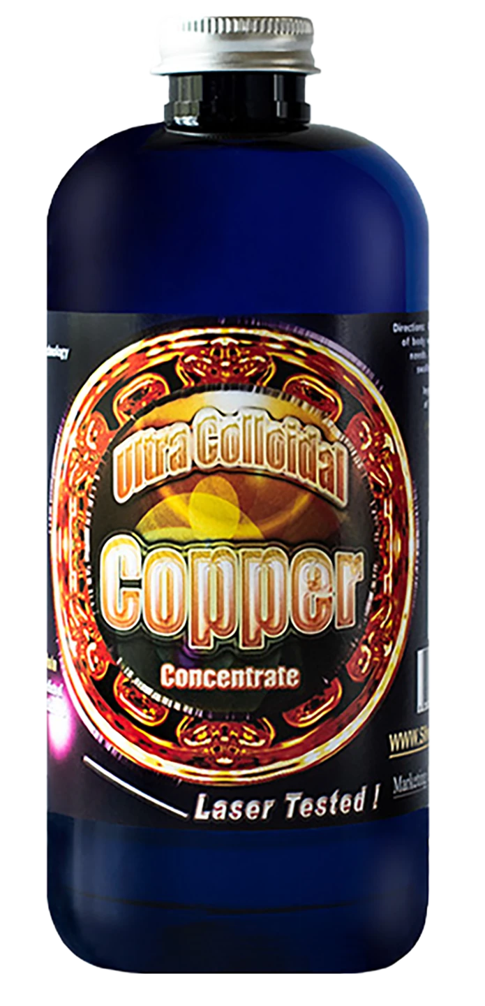 Copper 100ppm colloidal copper in an amber glass bottle with a copper label