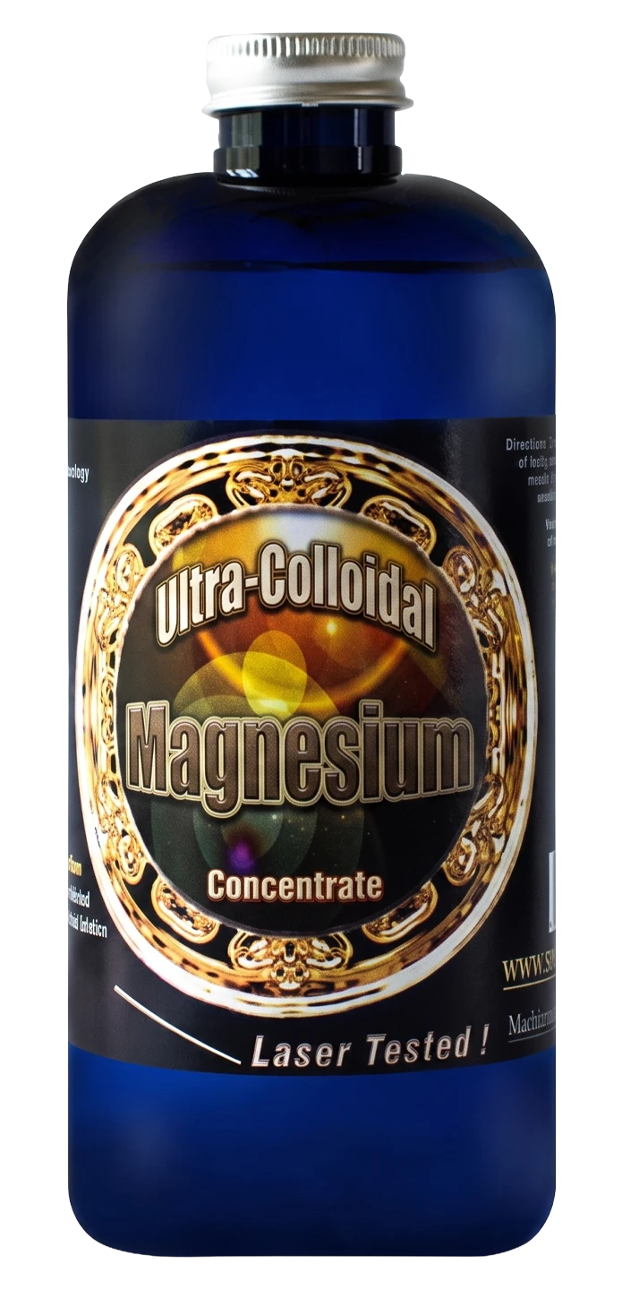 Colloidal magnesium liquid in an amber glass bottle with a sage green label
