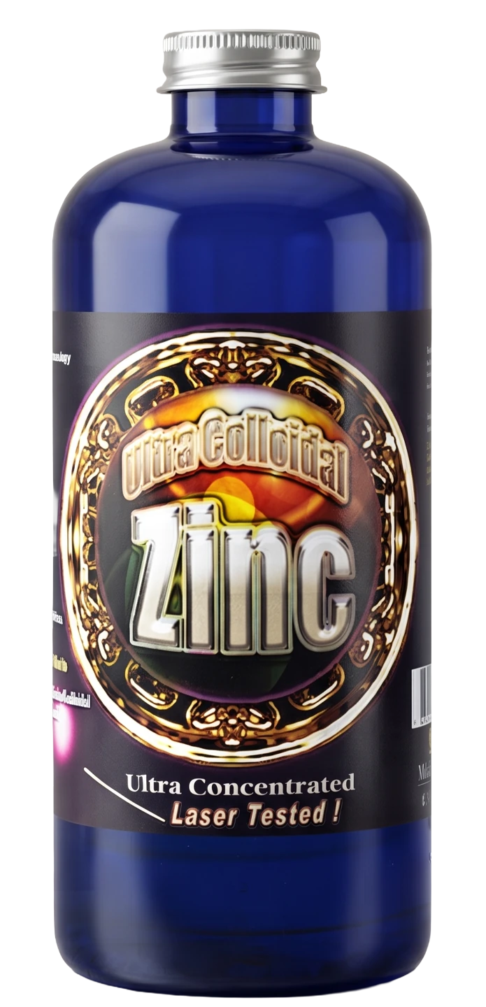Zinc 240 colloidal zinc in an amber glass bottle with a pale blue label